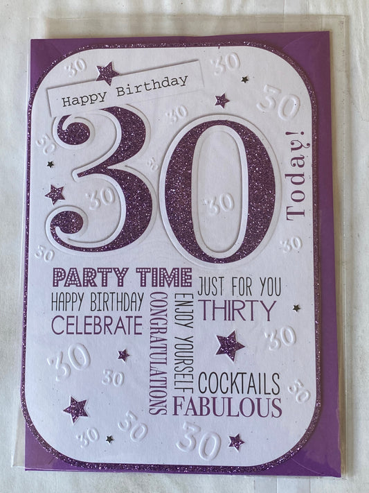 Ladies/Female 30th Age 30 Thirty Thirtieth Happy Birthday 30 Today Birthday Card White/Purple Words Glitter Detail(PRELUDE35077-1)