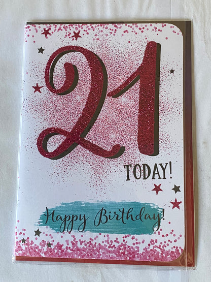 Ladies Female Age 21 21st Twenty-One 21 Today! Happy Birthday Card White/Pink/Black Words/Stars Glitter Detail(OTB17468)