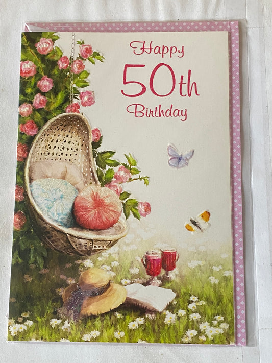 Ladies Female Age 50 50th Fifty Fiftieth Happy 50th Birthday Card Wicker Garden Chair/Hat Glitter Detail(SSC5018-1091E)