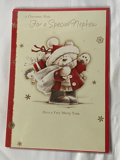 A Christmas Wish For A Special Nephew Christmas Card Cream/Red-Teddy/Sack(HSX2612A)