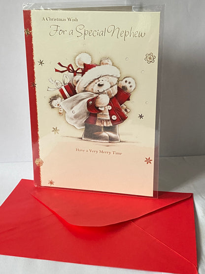 A Christmas Wish For A Special Nephew Christmas Card Cream/Red-Teddy/Sack(HSX2612A)