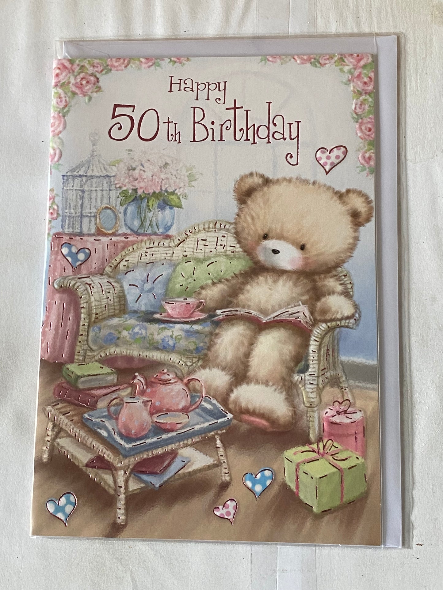 Ladies/Female Age 50 50th Fifty Fiftieth Happy 50th Birthday Card Teddy/Sofa/Tea Foil Detail(SSE2C50-951B)