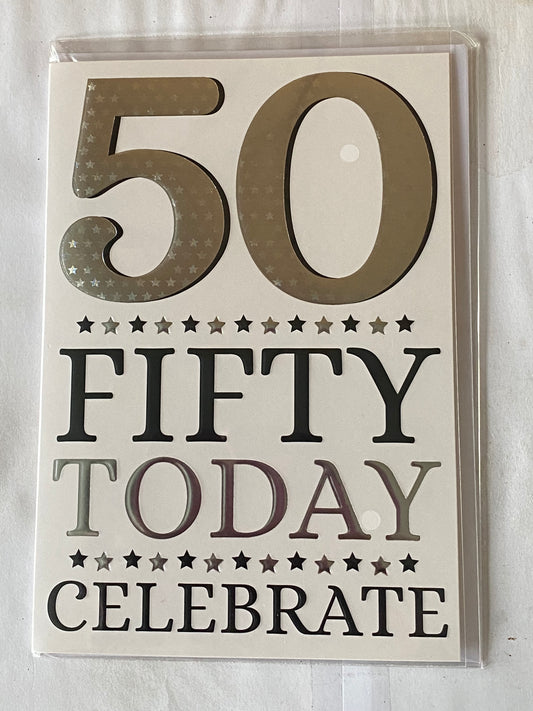 Mens Male Age 50 50th Fifty Fiftieth 50 Fifty Today Celebrate Birthday Card White/Silver/Black Words/Stars Foil Detail(PH44439E)