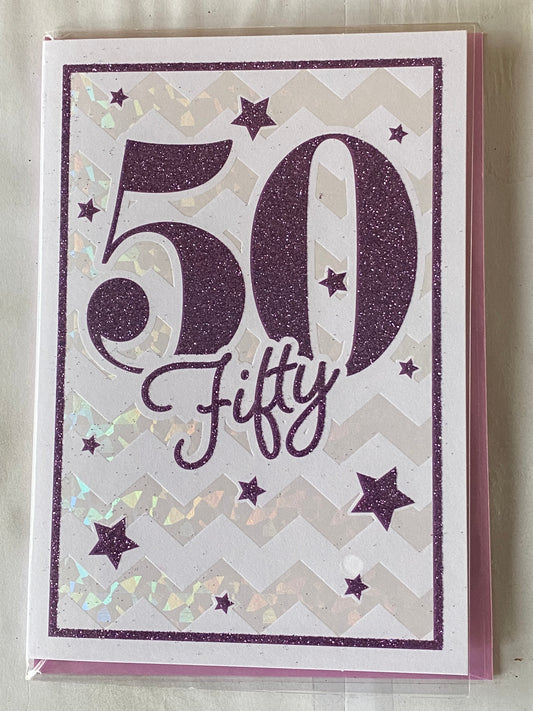 Ladies Female Age 50 50th Fifty Fiftieth 50 Fifty Birthday Card White/Purple Words/Stars Glitter/Foil Detail(PRELUDE35081-2)