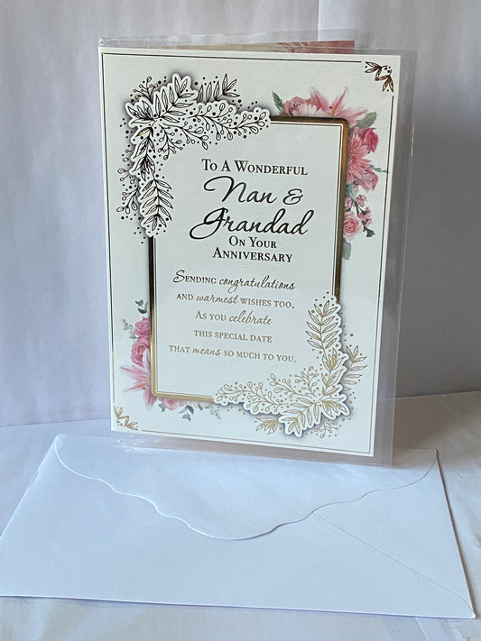 To A Wonderful Nan & Grandad On Your Anniversary Wedding Anniversary Card Pink Flowers/Gold Words/Rectangle Foil Detail(PH48408A)