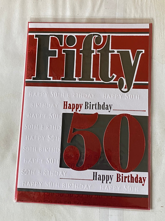 Mens Male Fifty Happy Birthday 50 Birthday Card Age 50 50th Fifty White/Red/Black Words Foil Detail(PRELUDE35082)