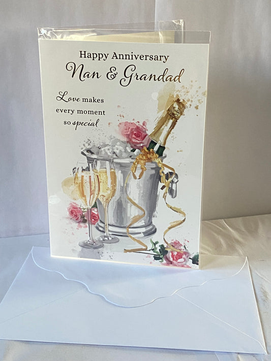 Happy Anniversary Nan & Grandad On Your Wedding Anniversary Card Ice Bucket/Champagne/Flutes/Pink Flowers Foil Detail(NC-VA219A)