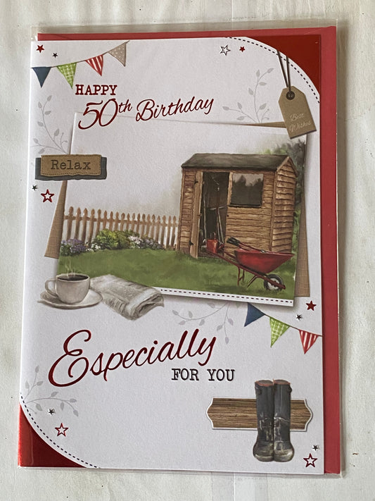 Mens/Male 50th Age 50 Fifty Happy 50th Birthday Especially For You Birthday Card Garden Shed Foil Detail(KI42049)