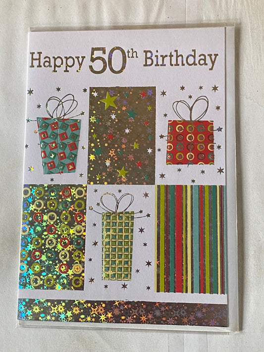 Mens Male 50th Age 50 Fifty Happy 50th Birthday Card White/Silver/Multi Presents Foil Detail(KI32817)