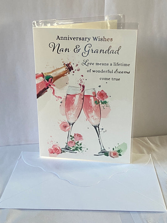 Anniversary Wishes Nan & Grandad Wedding Anniversary Card Pink Champagne/Flutes/Pink Flowers Foil Detail(NC-VA219B)
