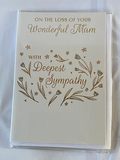 On The Loss of Your Wonderful Mam With Deepest Sympathy Card Condolence Blue+Pink Flowers/Gold Words Foil Detail(PH50535A)