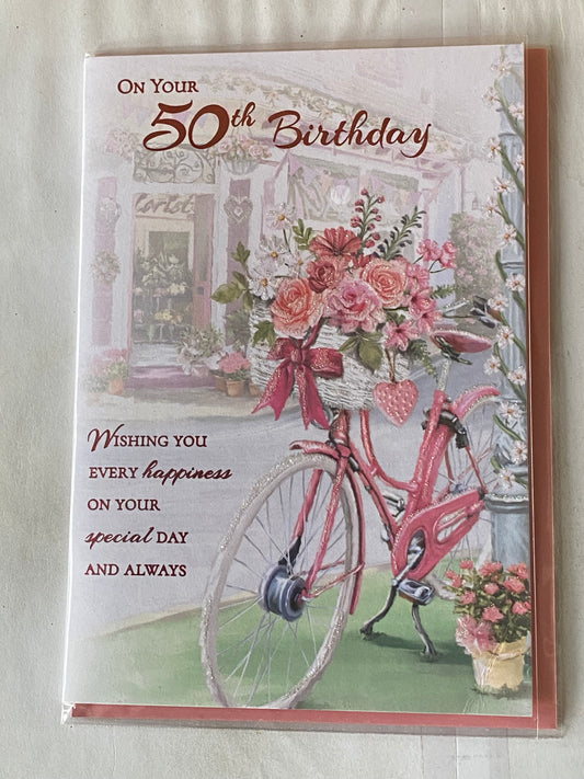 Ladies/Female 50th Age 50 Fifty On Your 50th Birthday Card White/Pink Bicycle/Words Glitter/Foil Detail(PRESTIGE40906)