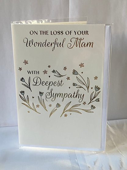 On The Loss of Your Wonderful Mam With Deepest Sympathy Card Condolence Blue+Pink Flowers/Gold Words Foil Detail(PH50535A)
