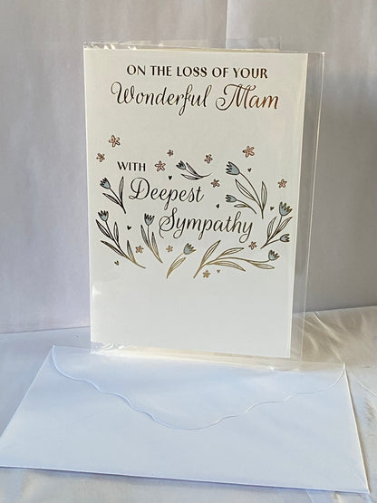 On The Loss of Your Wonderful Mam With Deepest Sympathy Card Condolence Blue+Pink Flowers/Gold Words Foil Detail(PH50535A)