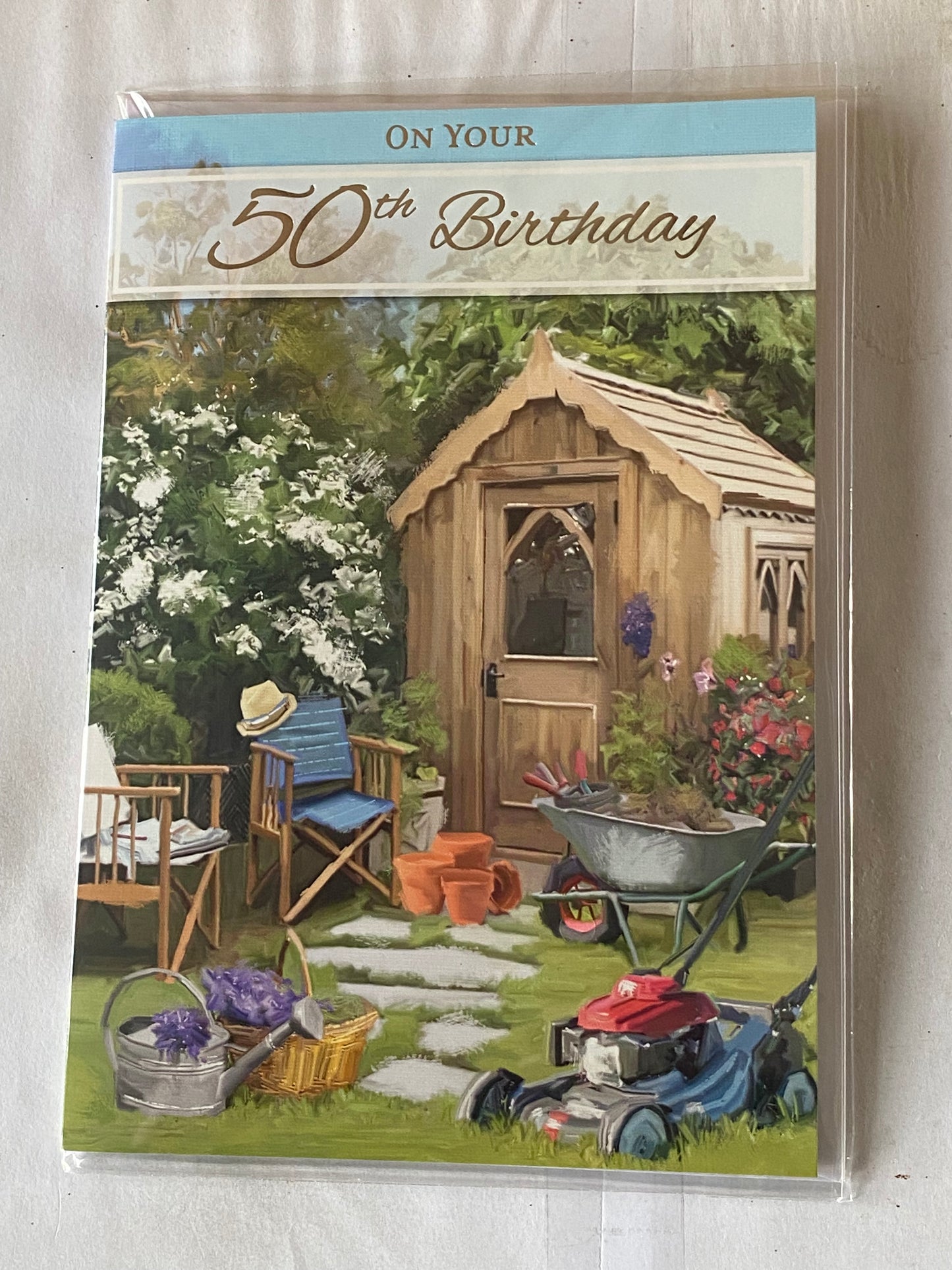 Mens/Male Age 50 50th Fifty Fiftieth On Your 50th Birthday Card Garden Shed/Wheelbarrow/Lawn Mower Foil Detail(NC-VA079A)