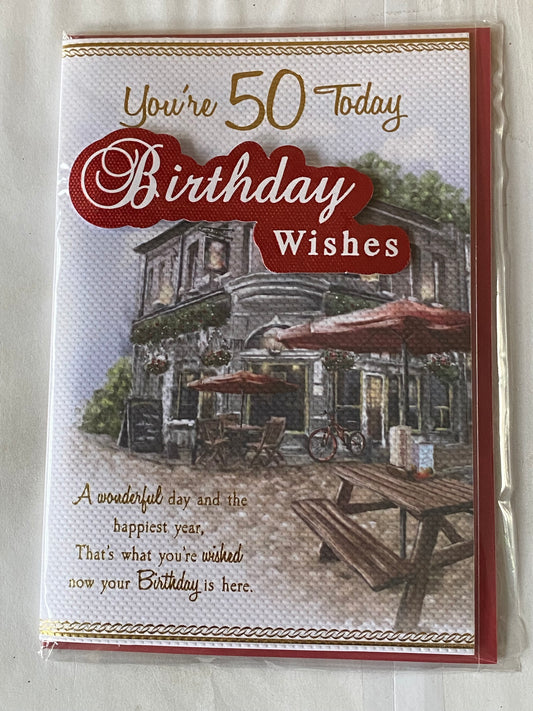 Mens Male 50th Age 50 Fifty You're 50 Today Birthday Wishes Birthday Card Beer Garden 3D/Foil Detail(PRELUDE39667)