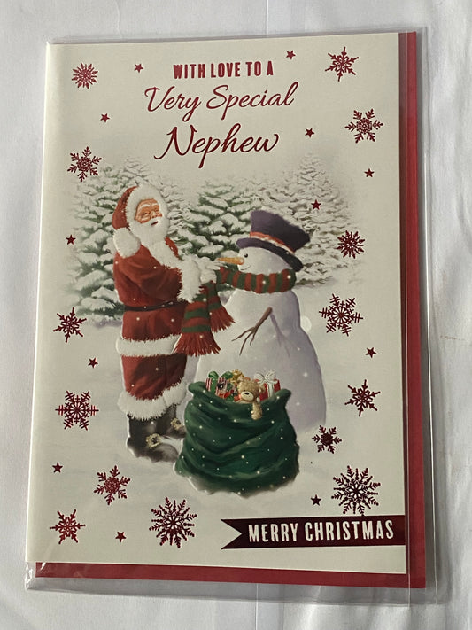 With Love To A Very Special Nephew Merry Christmas Card Santa/Snowman/Green Sack/Red Words(PH45200B)