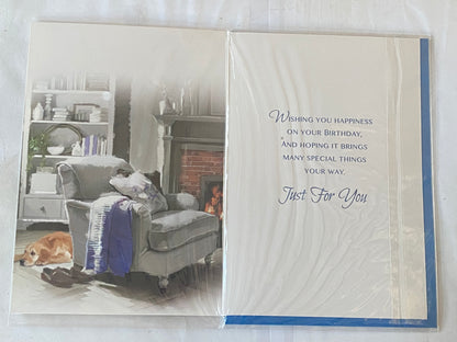 Mens Male Age 60 60th Sixty Sixtieth Enjoy Your 60th Birthday Card Grey Chair/Fireplace/Dog Foil Detail(NC-VA081E)