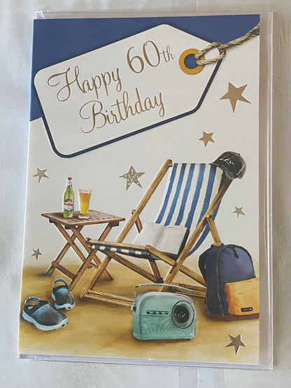 Mens Male Age 60 60th Sixty Sixtieth Happy 60th Birthday Card White/Blue Stripe Deck Chair/Beer Foil Detail(SSC5018-1102E)