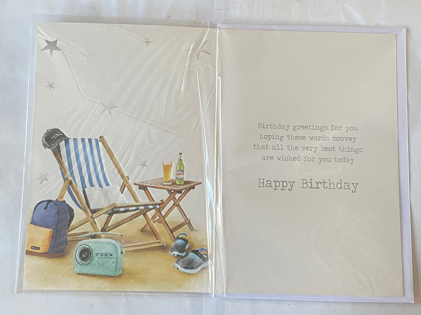 Mens Male Age 60 60th Sixty Sixtieth Happy 60th Birthday Card White/Blue Stripe Deck Chair/Beer Foil Detail(SSC5018-1102E)