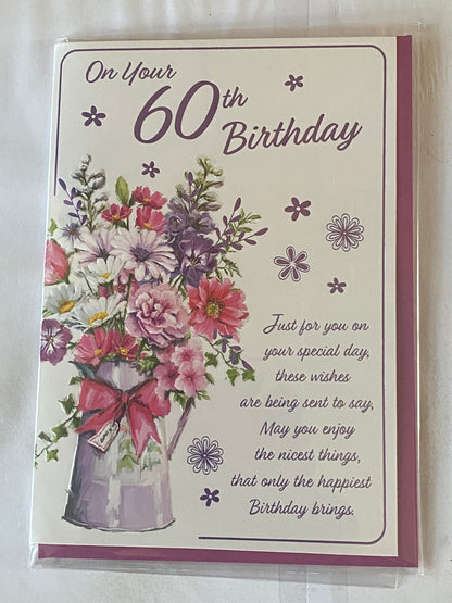 Ladies/Female Age 60 60th Sixty Sixtieth On Your 60th Birthday Card Multi Flowers/Purple Vase/Purple Words Foil Detail(PH47335E)