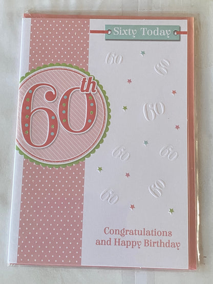 Ladies Female 60th Age 60 Sixty Today Congratulations And Happy Birthday 60th Birthday Card White/Peach/Green Glitter Detail(PRELUDE35083-1)