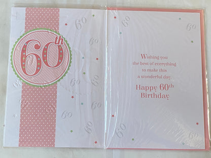 Ladies Female 60th Age 60 Sixty Today Congratulations And Happy Birthday 60th Birthday Card White/Peach/Green Glitter Detail(PRELUDE35083-1)