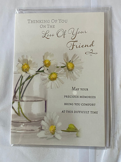 Thinking Of You On The Loss of Your Friend Sympathy Card Condolence White/Yellow Flowers/Glass Vase Foil Detail(NC-VA161B)