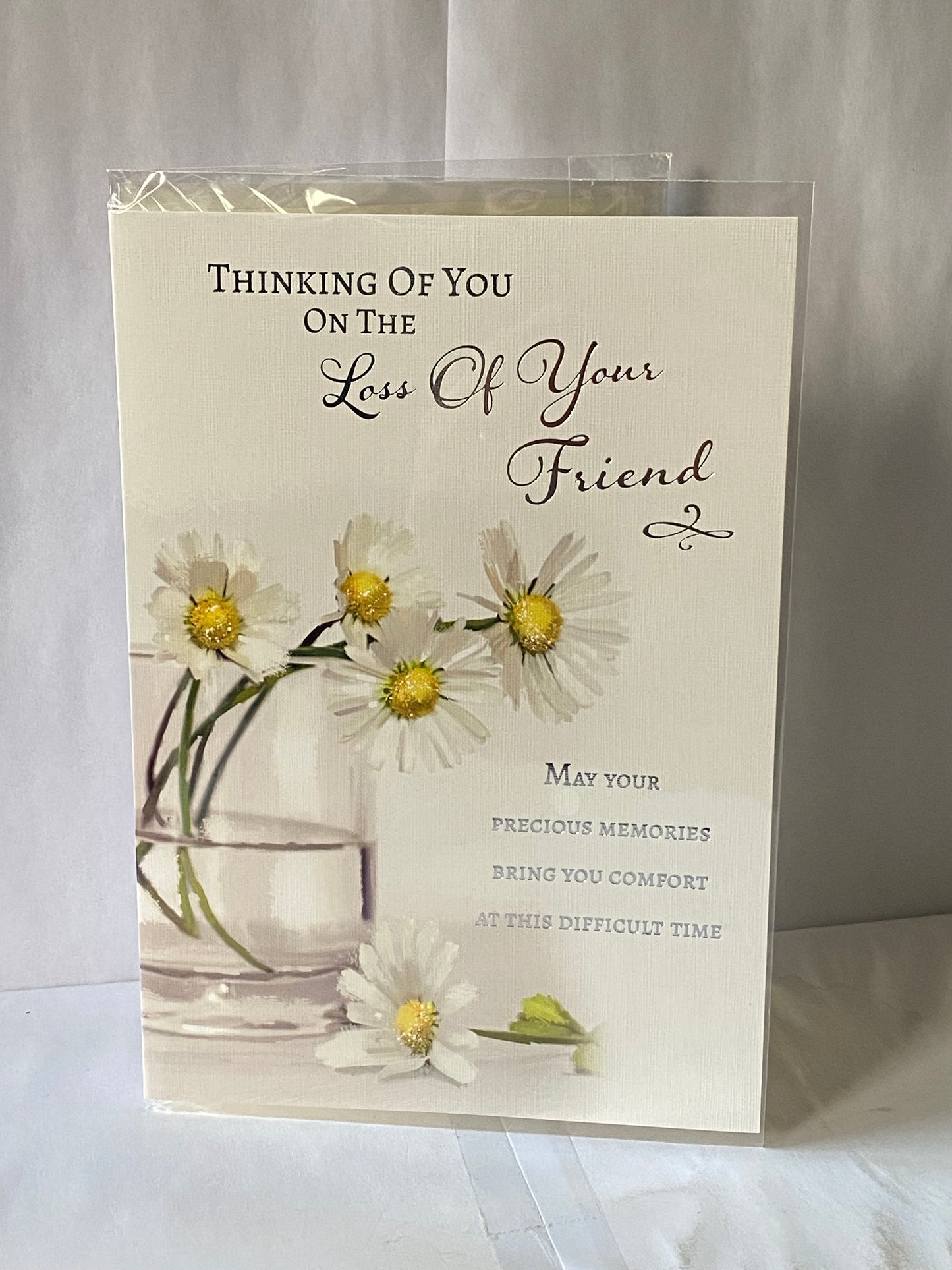 Thinking Of You On The Loss of Your Friend Sympathy Card Condolence White/Yellow Flowers/Glass Vase Foil Detail(NC-VA161B)
