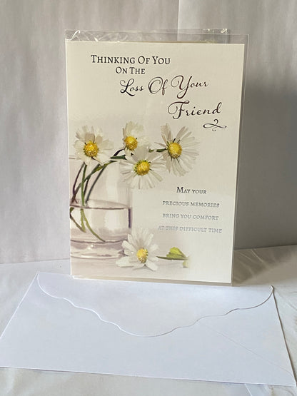 Thinking Of You On The Loss of Your Friend Sympathy Card Condolence White/Yellow Flowers/Glass Vase Foil Detail(NC-VA161B)