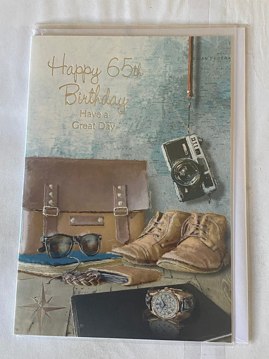 Mens Male Age 65 65th Sixty-Five Sixty-Fifth Happy 65th Birthday Have A Great Day Camera/Watch/Satchel Foil Detail(HSSC50-1487A)