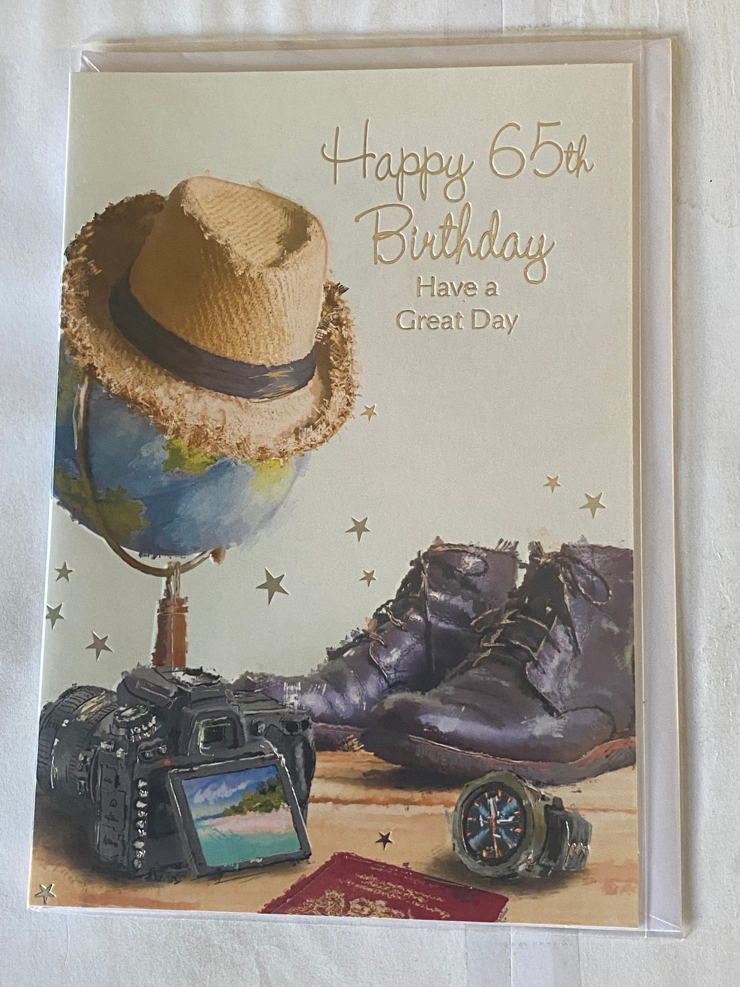 Mens Male Age 65 65th Sixty-Five Sixty-Fifth Happy 65th Birthday Have A Great Day Camera/Watch/Hat Foil Detail(HSSC50-1487E)