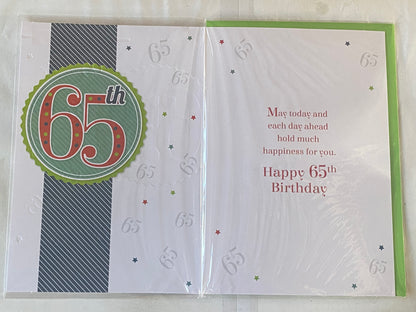 Mens Male 65th Age 65 Sixty-Five Congratulations And Happy Birthday 65th Birthday Card White/Blue/Green Foil Detail(PRELUDE35086-1)