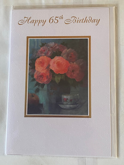 Ladies Female 65th Age 65 Sixty-Five Happy 65th Birthday Card Flowers/Cup+Saucer Foil Detail(KI32803)