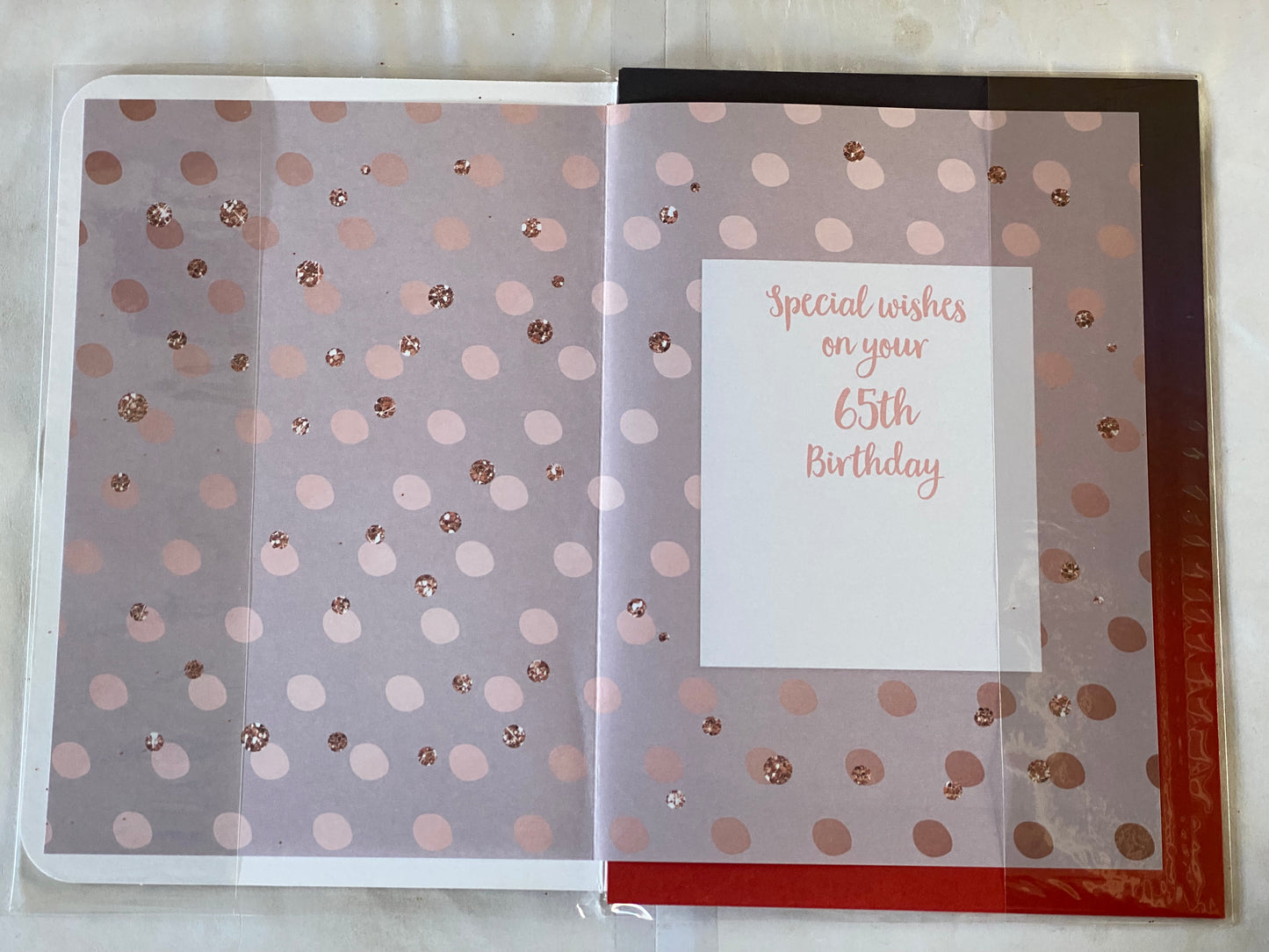 Ladies Female Age 65 65th Sixty-Five Sixty-Fifth 65 Years Young! Birthday Card Grey/Gold/Pink Words/Dots Glitter Detail(OTB17478)