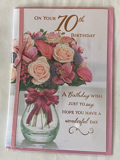 Ladies Female 70th Age 70 Seventy On Your 70th Birthday Card White/Pink/Gold Flowers/Vase/Words Ribbon/Glitter/Foil Detail(PRELUDE45244)