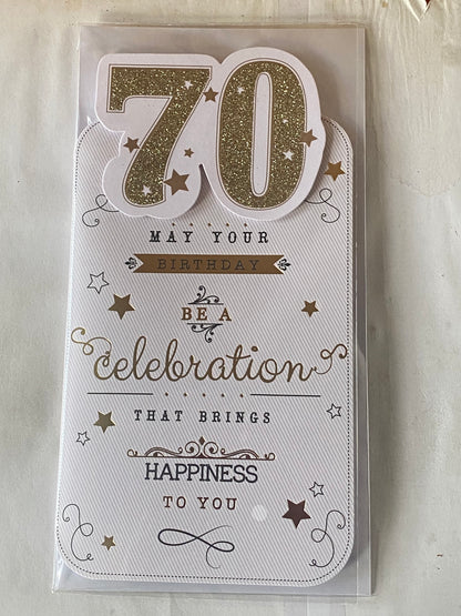 Unisex Mens Male Ladies Female Age 70 70th Seventy Seventieth 70 Birthday Card White/Gold Black Words 3D/Glitter/Foil(PRELUDE33968-2)