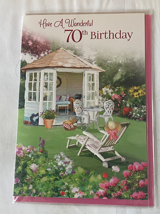 Ladies/Female Age 70 70th Seventy Seventieth Have A Wonderful 70th Birthday Card Summerhouse/White Lounger/Flower Garden Foil Detail(NC-VA063A)