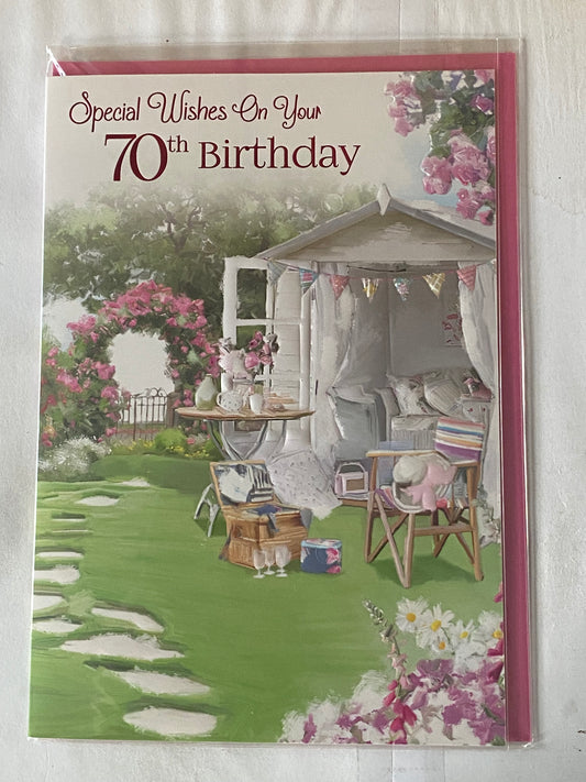 Ladies/Female Age 70 70th Seventy Seventieth Special Wishes On Your 70th Birthday Card Summerhouse/Wooden Chair/Flower Garden Foil Detail(NC-VA063E)