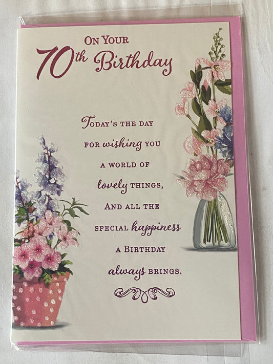 Ladies/Female Age 70 70th Seventy Seventieth On Your 70th Birthday Card Pink/Purple Flowers/Jar/Purple Words Glitter/Foil Detail(PH45848E)