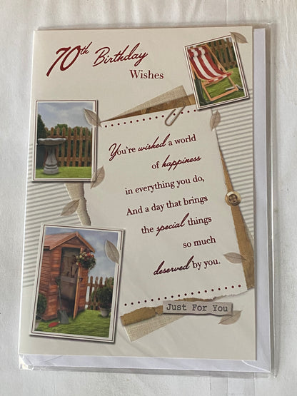 Mens Male Age 70 70th Seventy Seventieth 70th Birthday Wishes Birthday Card Red+White Stripe Chair/Shed/Red Words Foil Detail(PH42324A)