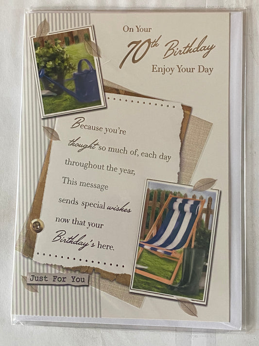 Mens Male Age 70 70th Seventy Seventieth On Your 70th Birthday Enjoy Your Day Birthday Card Blue+White Stripe Chair/Watering Can/Silver Words Foil Detail(PH42324E)