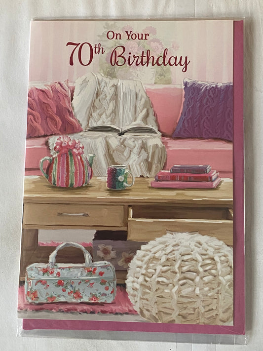 Ladies/Female Age 70 70th Seventy Seventieth On Your 70th Birthday Card Pink Sofa/Coffee Table/Teapot Foil Detail(PH45843A)