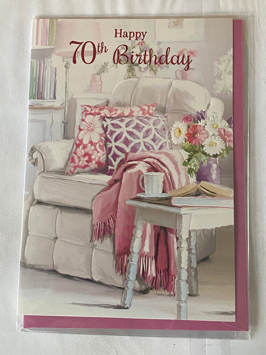 Ladies/Female Age 70 70th Seventy Seventieth Happy 70th Birthday Card White Chair/White Table/Books/Flowers Foil Detail(PH45843E)