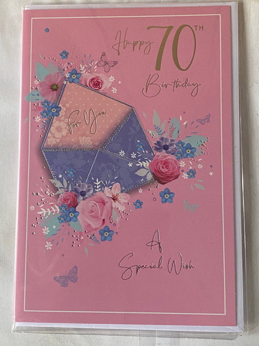 Ladies/Female Age 70 70th Seventy Seventieth Happy 70th Birthday For You A Special Wish Birthday Card Pink-Purple Envelope/Flowers Foil Detail(SE28515)