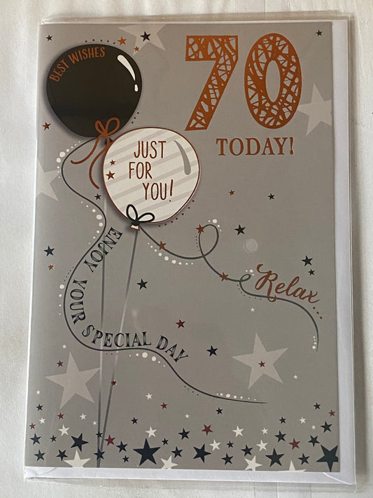 Mens Male Age 70 70th Seventy Seventieth 70 Today! Just For You Birthday Card Grey-Black/Gold Balloons/Stars Foil Detail(SE28284)