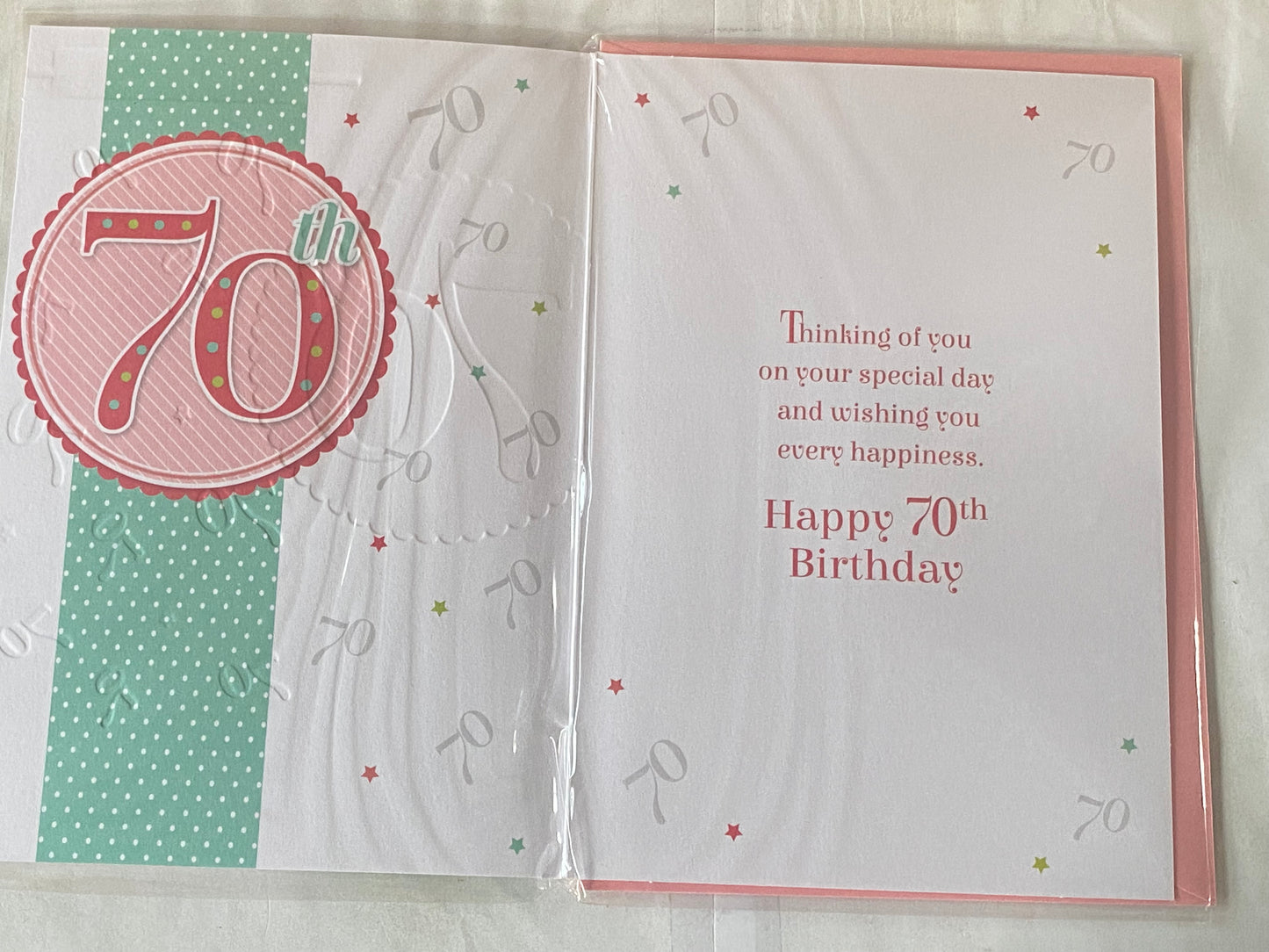 Ladies Female 70th Age 70 Seventy Today Congratulations And Happy Birthday 70th Birthday Card White/Green/Peach Glitter Detail(PRELUDE35087-1)