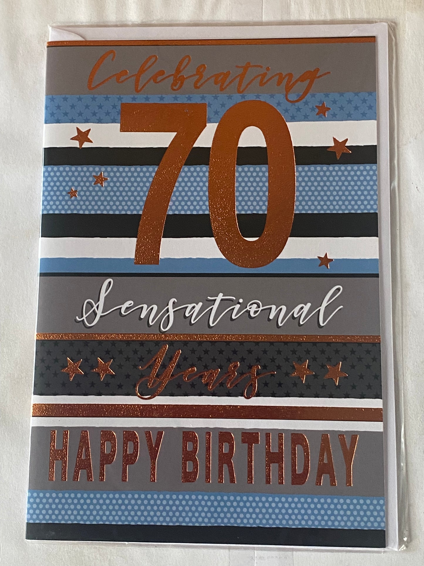 Male Mens Celebrating 70 Sensational Years Happy Birthday Card 70th Seventy Blue/Black/Gold Stripe Foil Detail(SE24964)