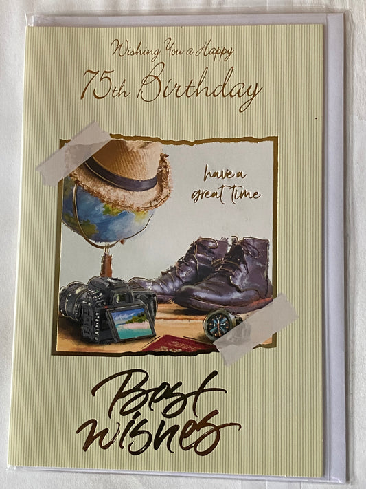 Mens Male Age 75 75th Seventy-Five Seventy-Fifth Wishing You A Happy 75th Birthday Best Wishes Birthday Card Cream-Camera/Watch/Hat Foil Detail(SSC5020-1681E)