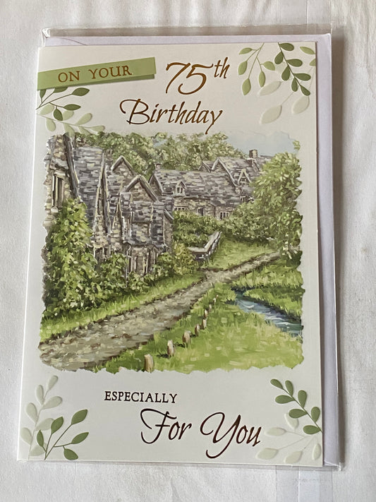 Mens Male Age 75 75th Seventy-Five Seventy-Fifth On Your 75th Birthday Just For You Birthday Card Village Scene/Stream Foil Detail(PH43622E)